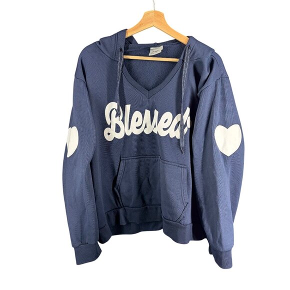 RAG Tops - Blessed Navy Blue Hoodie With White Heart Elbow Patches & Kangaroo Pocket Polyes